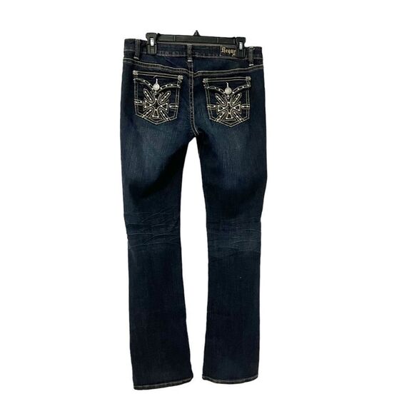Request Jeans Dark Denim Flap Embellished Pockets Boot Cut Distressed Size 13/32 - Picture 1 of 6